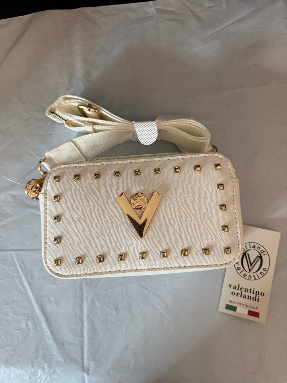 Valentino Orlandi Cream Crossbody Bag with Gold Accents